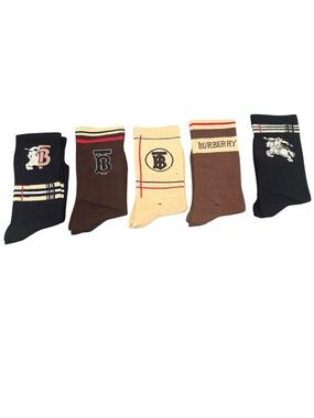 New! 5 Pair Burberry Outlet Men’s Logo Crew Socks - Black, Brown, Cream.